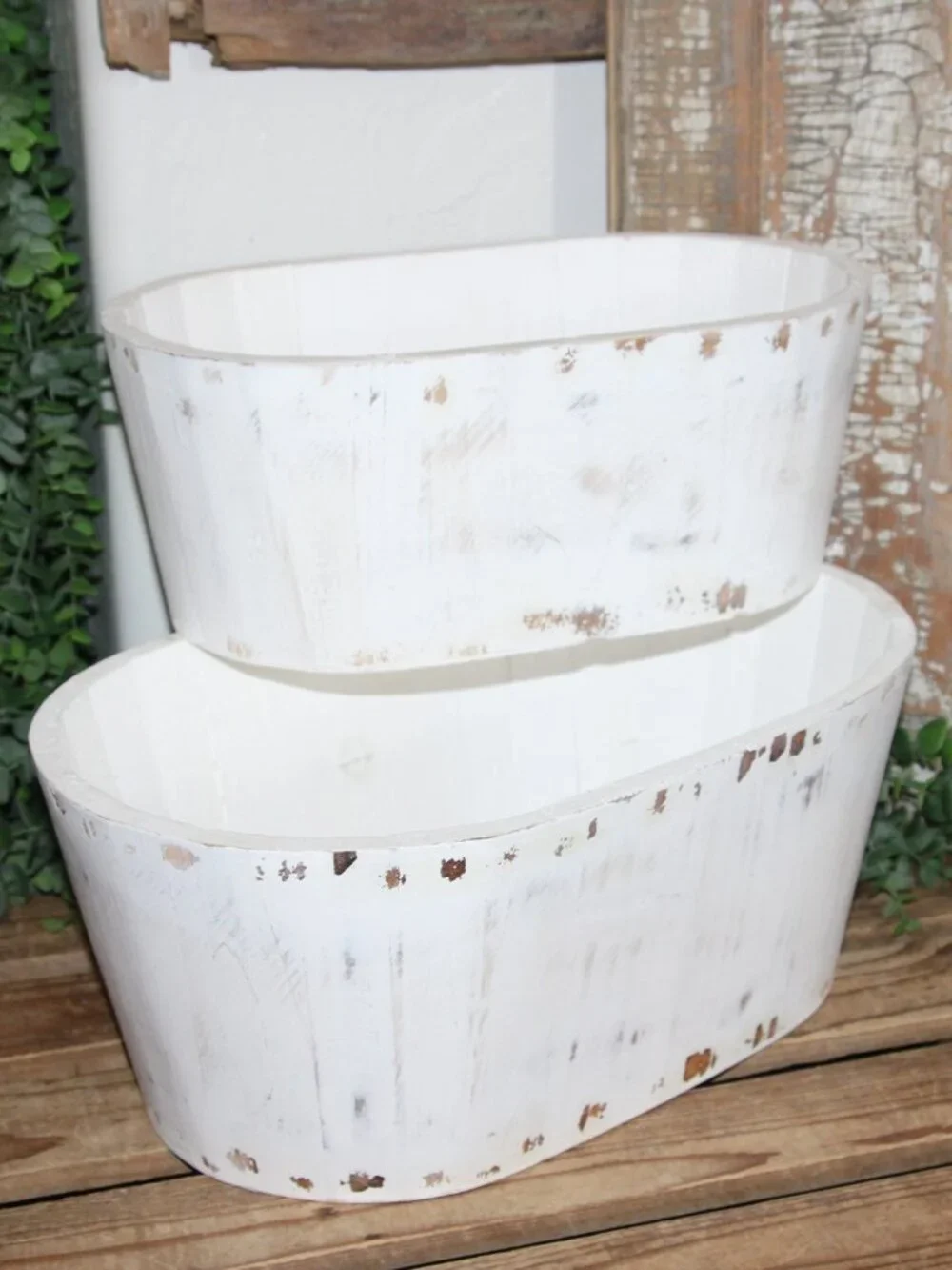 Pair of Large White Shabby Distressed Oval Wood Farmhouse Planter Buckets
